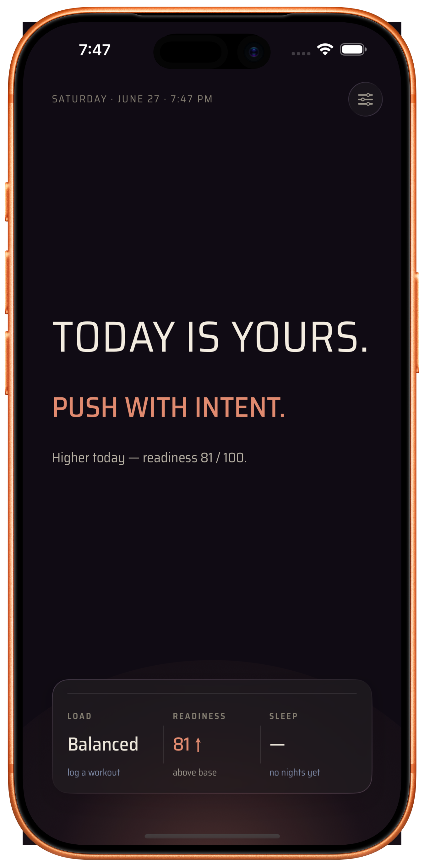 Kairos on iPhone 17 Pro — Today is yours, push with intent; readiness 81 of 100, load balanced.
