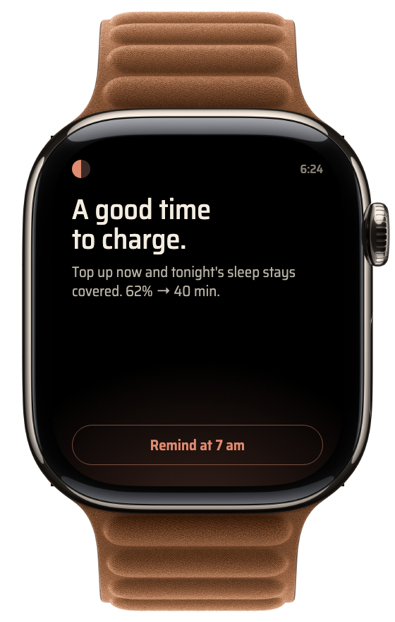 Kairos Charge window on Apple Watch — a good time to charge, 62 percent, remind at 7am.