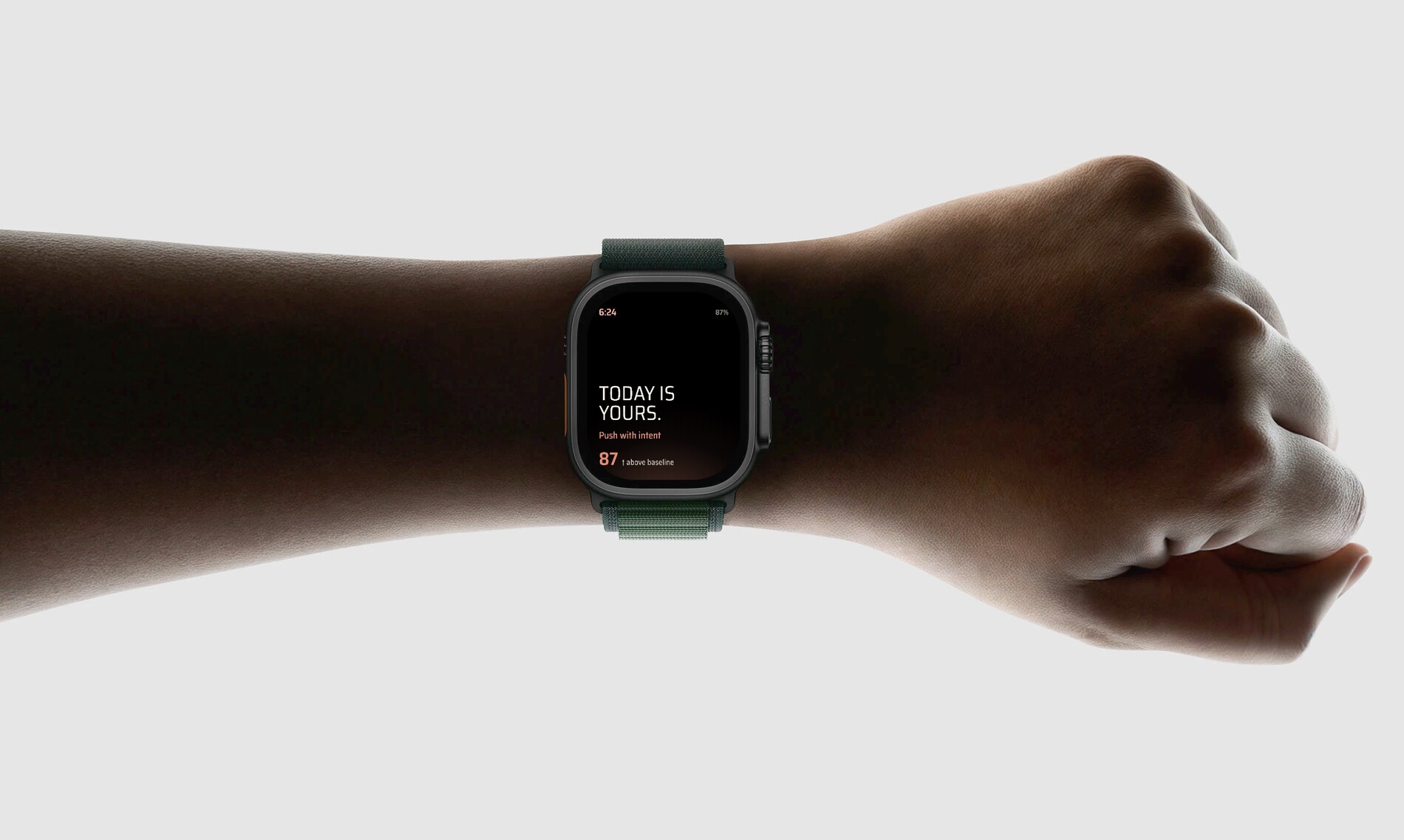 The Kairos app on an Apple Watch on the wrist — Today is yours, readiness 87, above baseline.